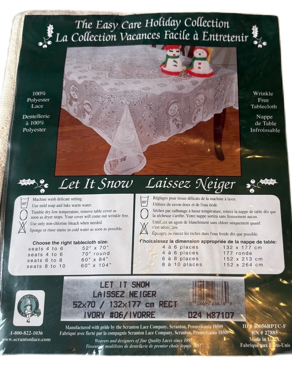 Vintage Ivory Lace Holiday Tablecloth - Let It Snow Motif Snowmen 52x70